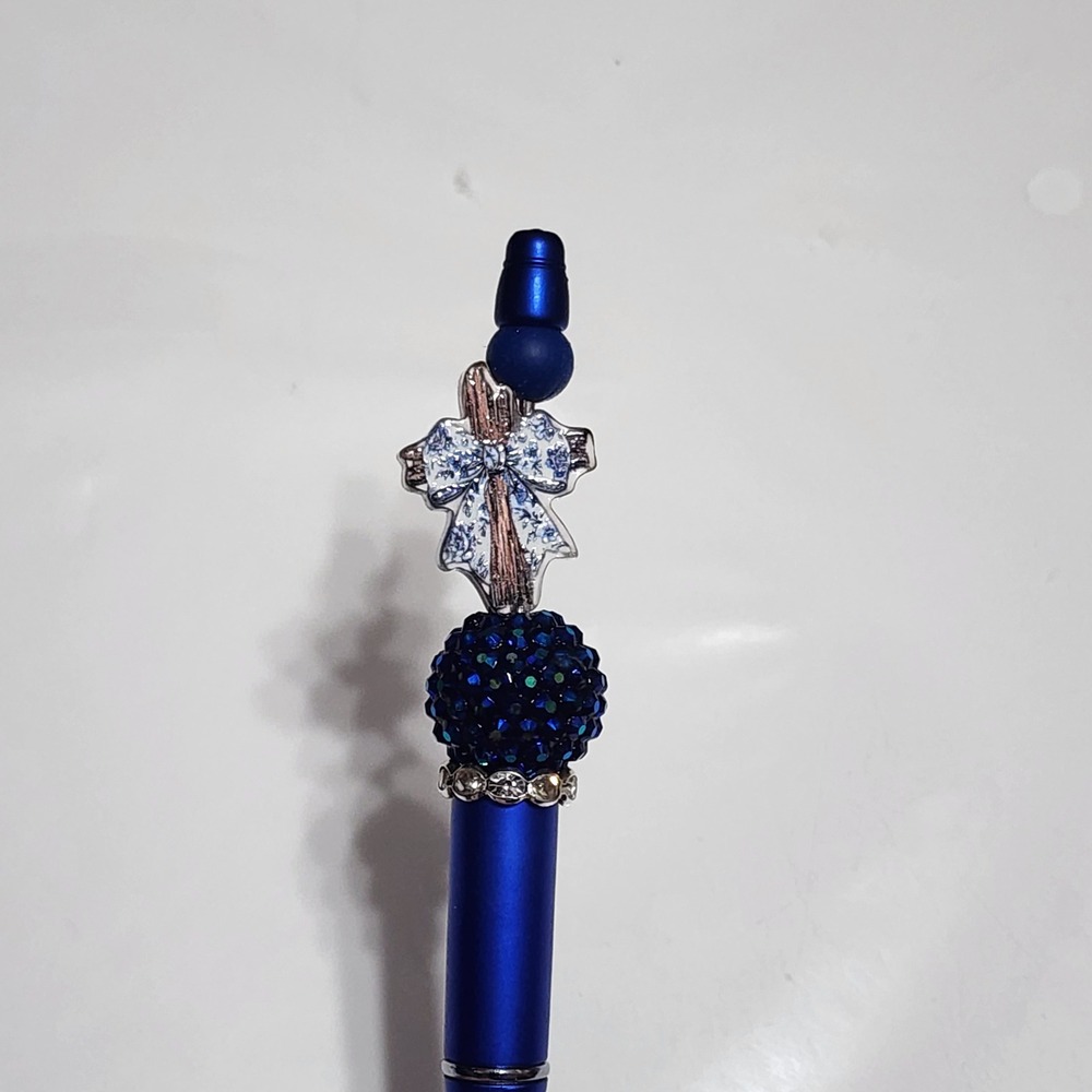 Cross Bow Beaded Pen Black Ink Gift Stocking Stuffer Religious Royal Blue